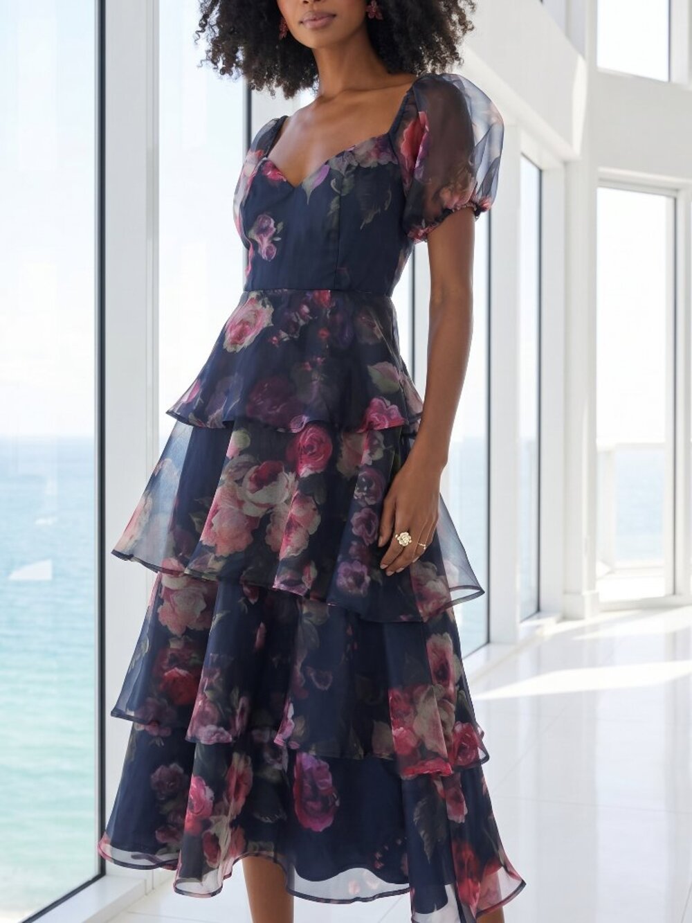 Lulu's Navy Floral Tiered Midi Dress